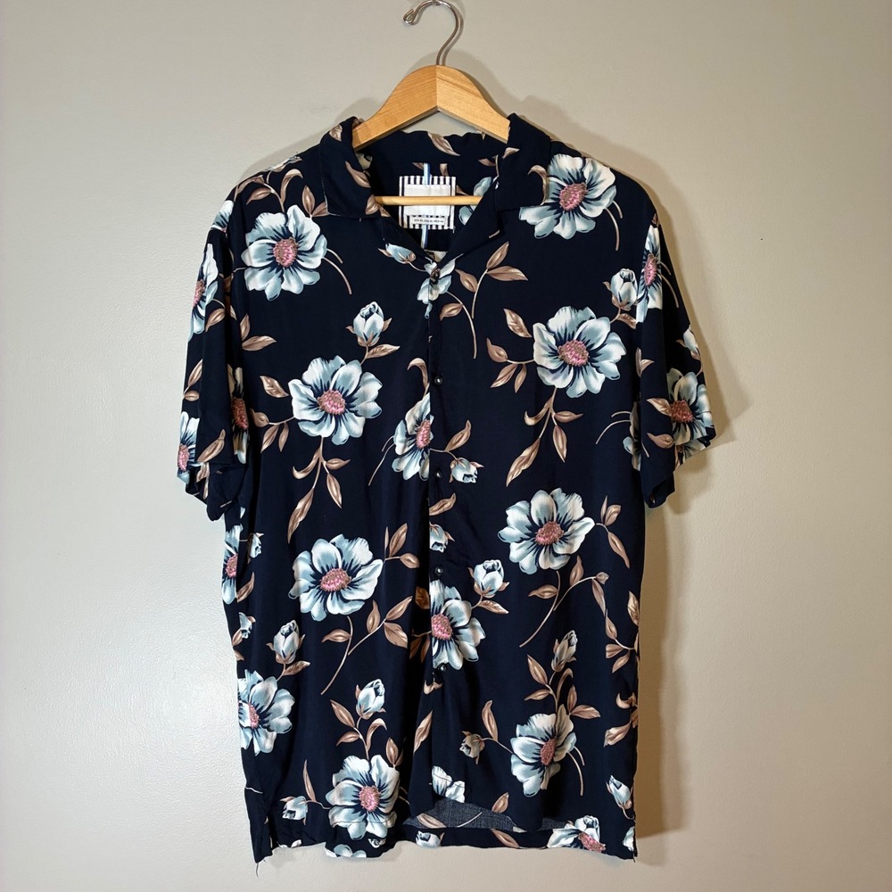 Denim & Flower Ricky Singh Navy Floral Viscose Short Sleeve Button Down Shirt XL